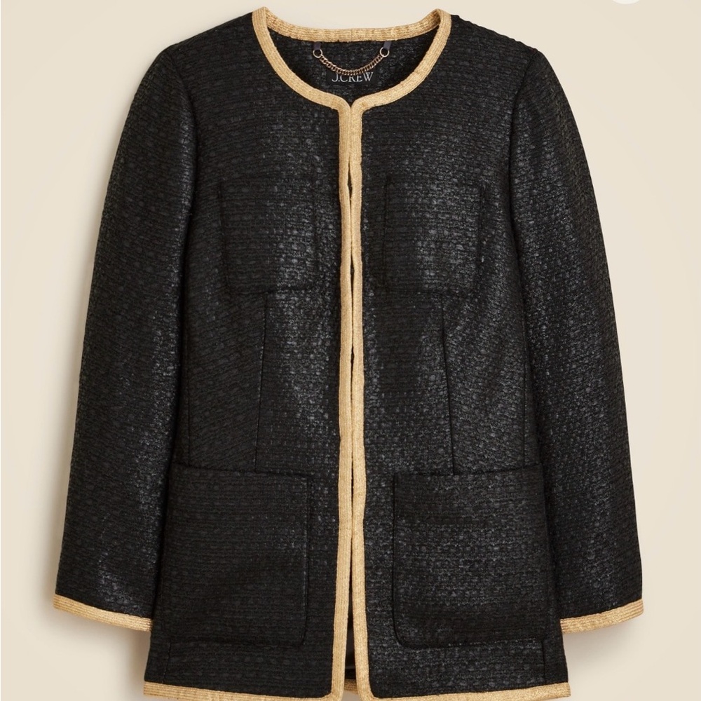 J. Crew Black Tweed Collarless Jacket with Gold-Trim - NWT